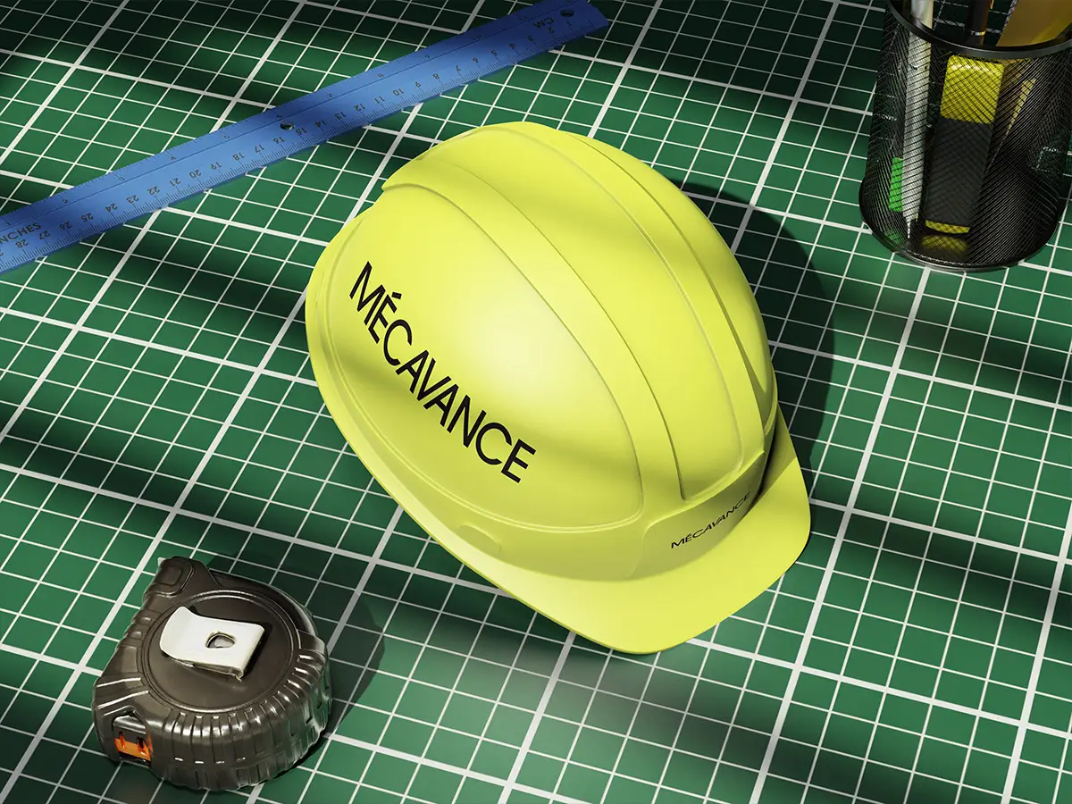 Casque de chantier Mécavance sur une table de travail d'atelier