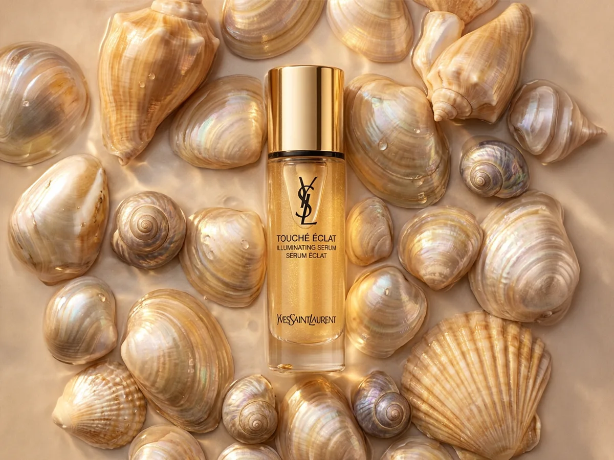 Sérum Touché Éclat d'Yves Saint Laurent, shooting produit avec coquillages nacré.