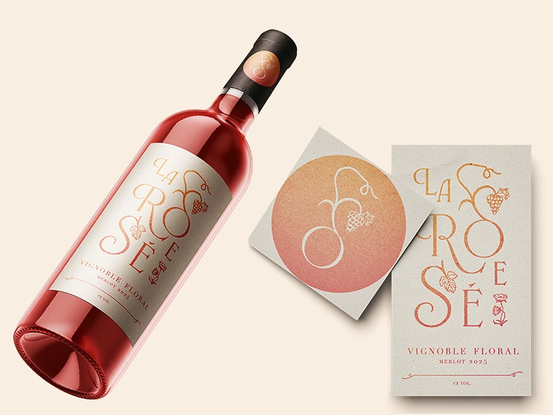 Identité visuelle et packaging de La Rosé, vignoble floral — étiquette, bouteille et carte de visite